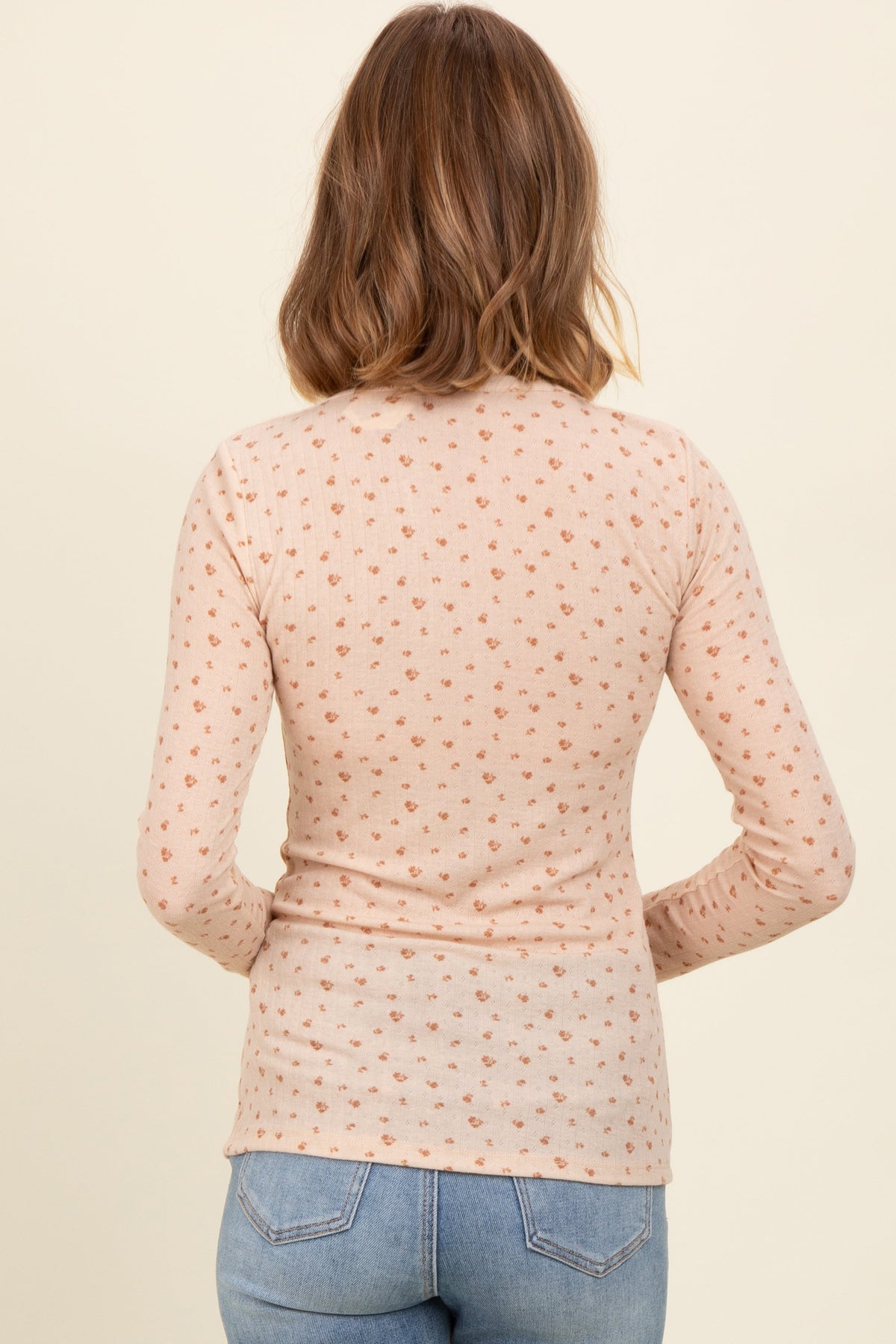 Beige Floral Bow Detail Long Sleeve Fitted Top