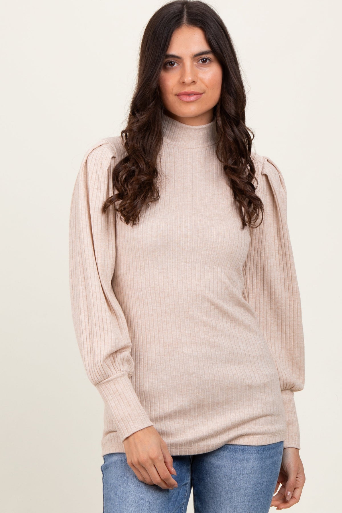 Beige Ribbed Mock Neck Bubble Sleeve Maternity Top