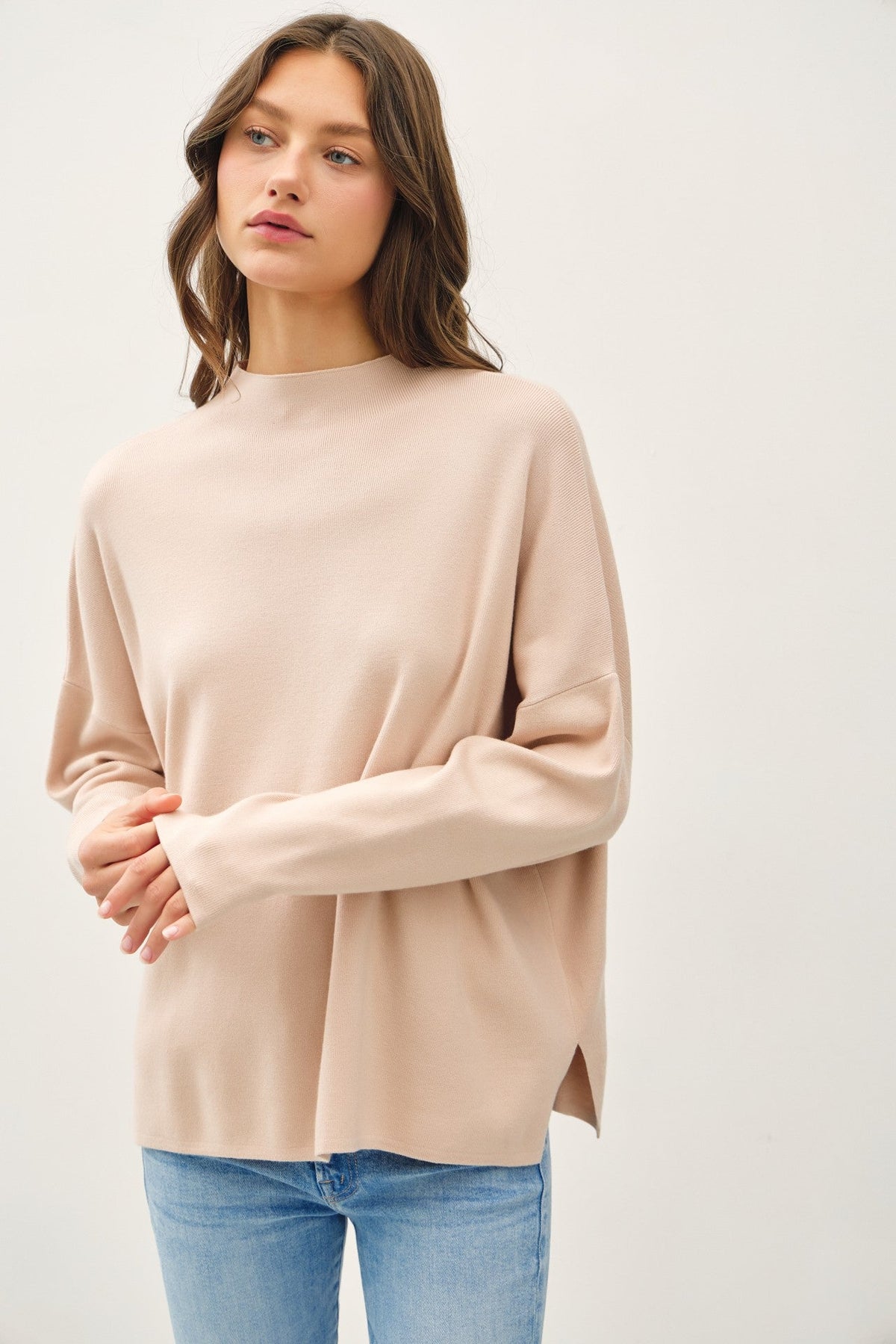 Beige Relaxed Fit Mock Neck Maternity Sweater