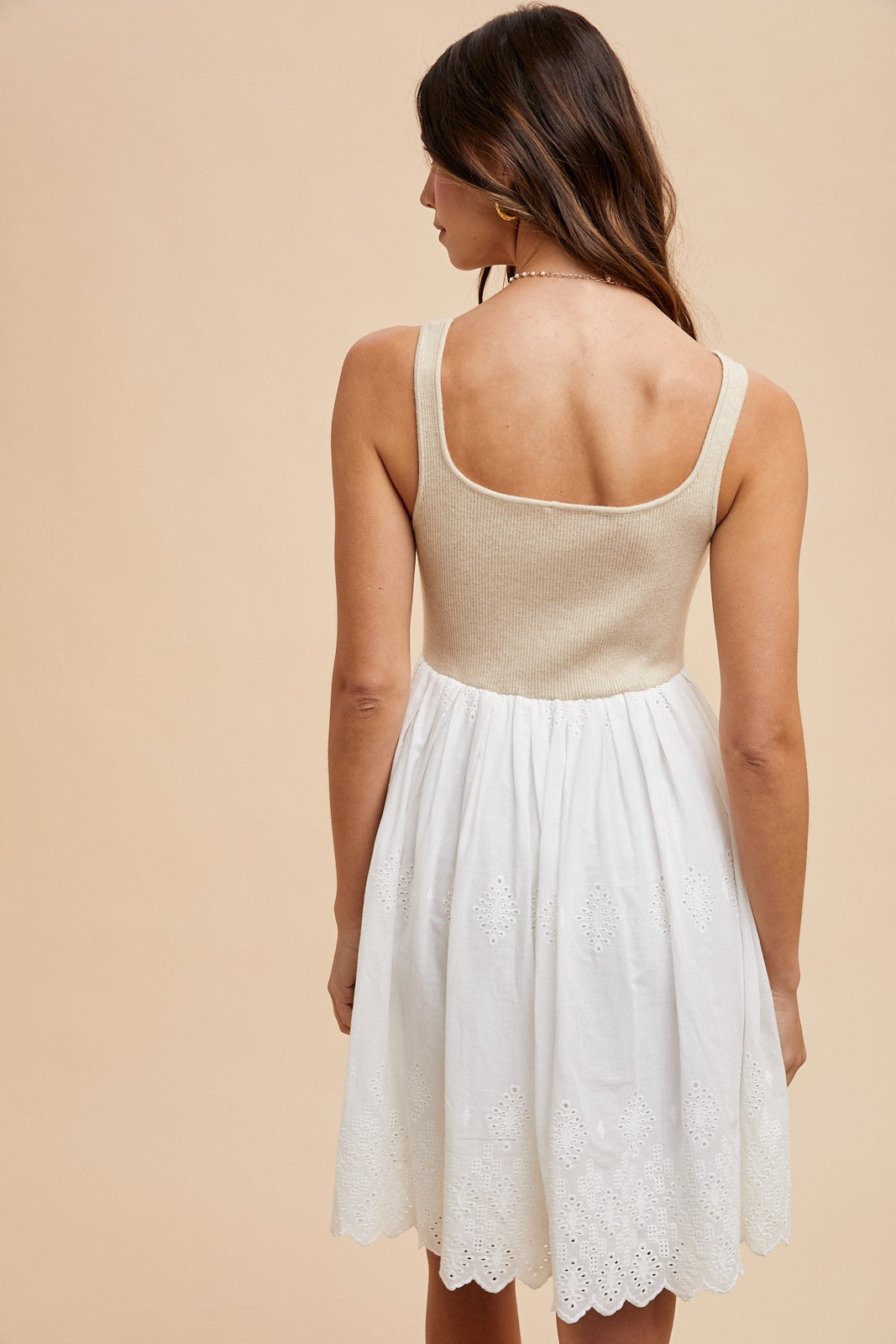 Beige Knit Contrast Eyelet Lace Skirt Mini Dress