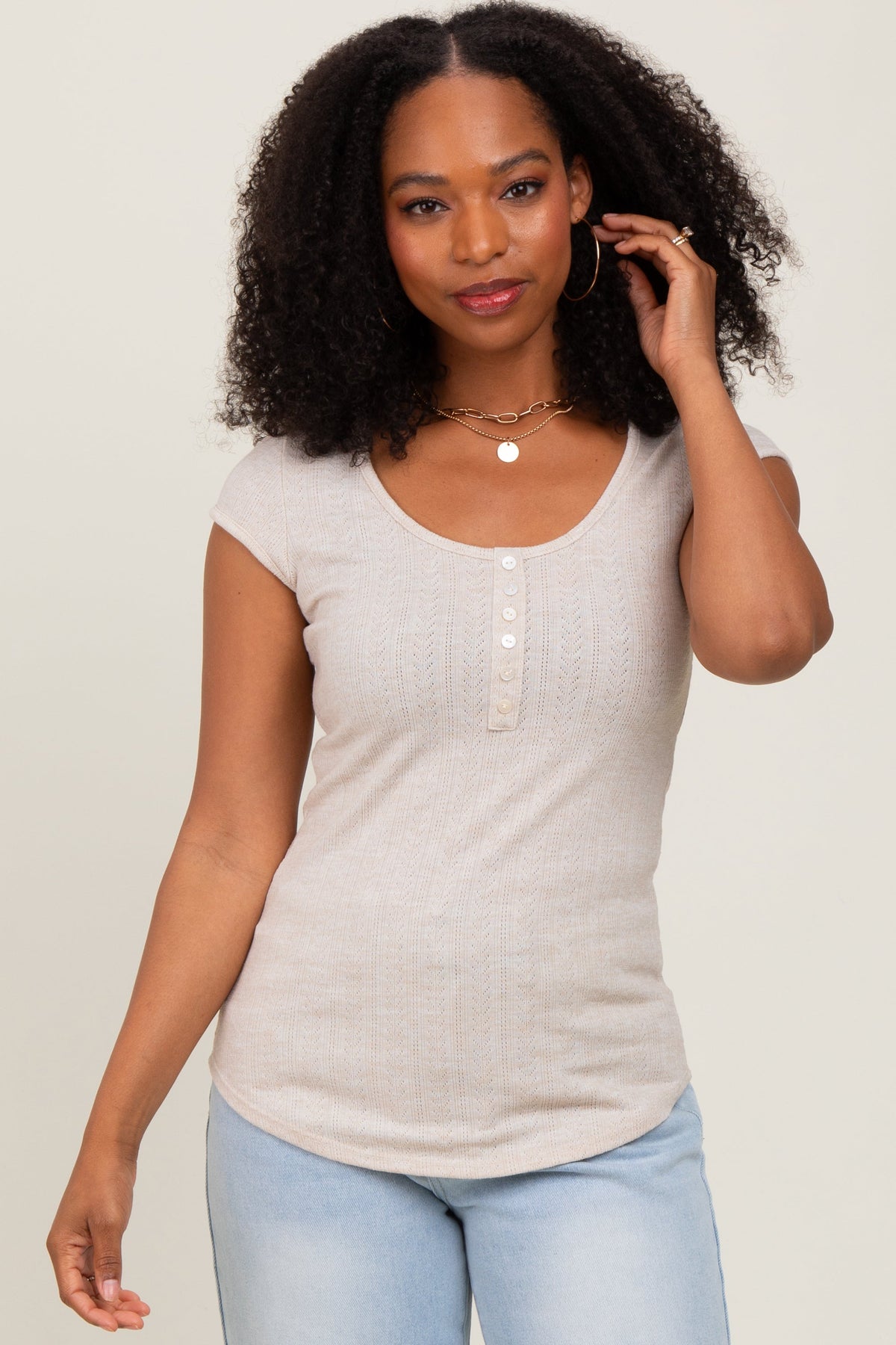 Beige Jacquard Button Front Maternity Short Sleeve Top