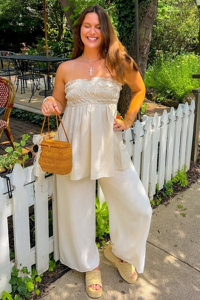 Beige Linen Ruched Strapless Tube Tunic Maternity Top