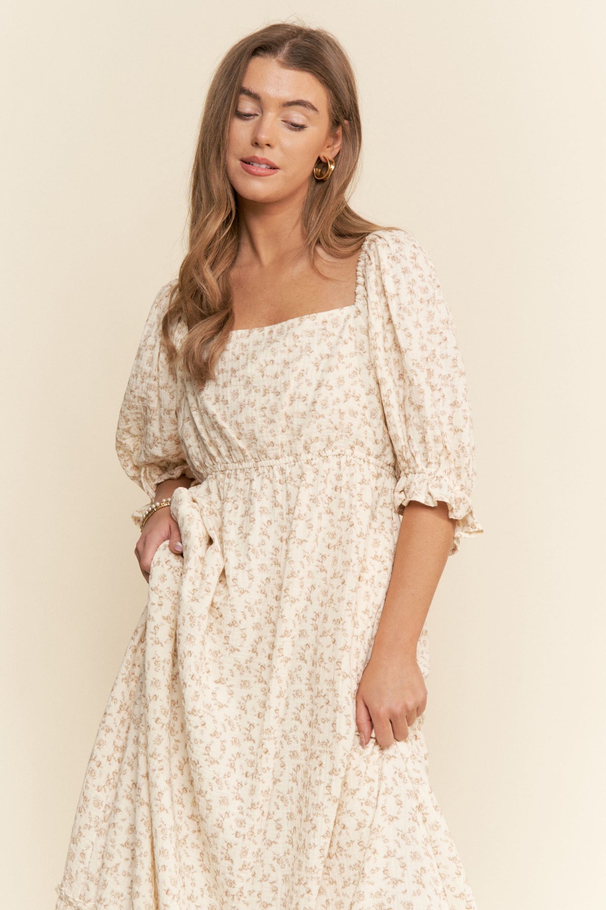 Beige Floral Print Square Neckline Maxi Dress