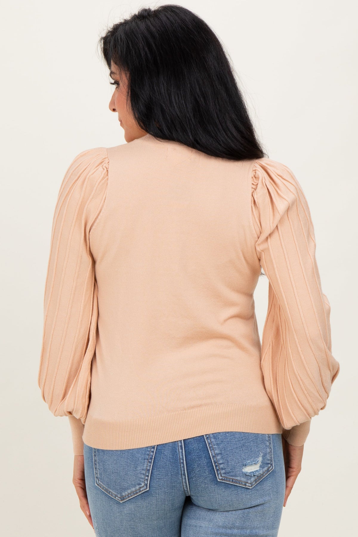 Beige Ribbed Bubble Sleeve Knit Top