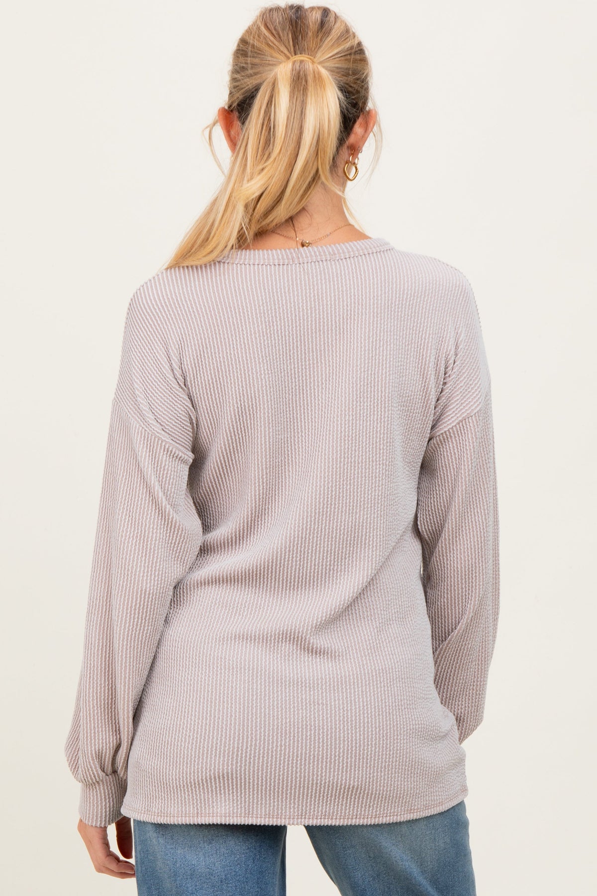 Beige Puff Sleeve Solid Ribbed Maternity Top