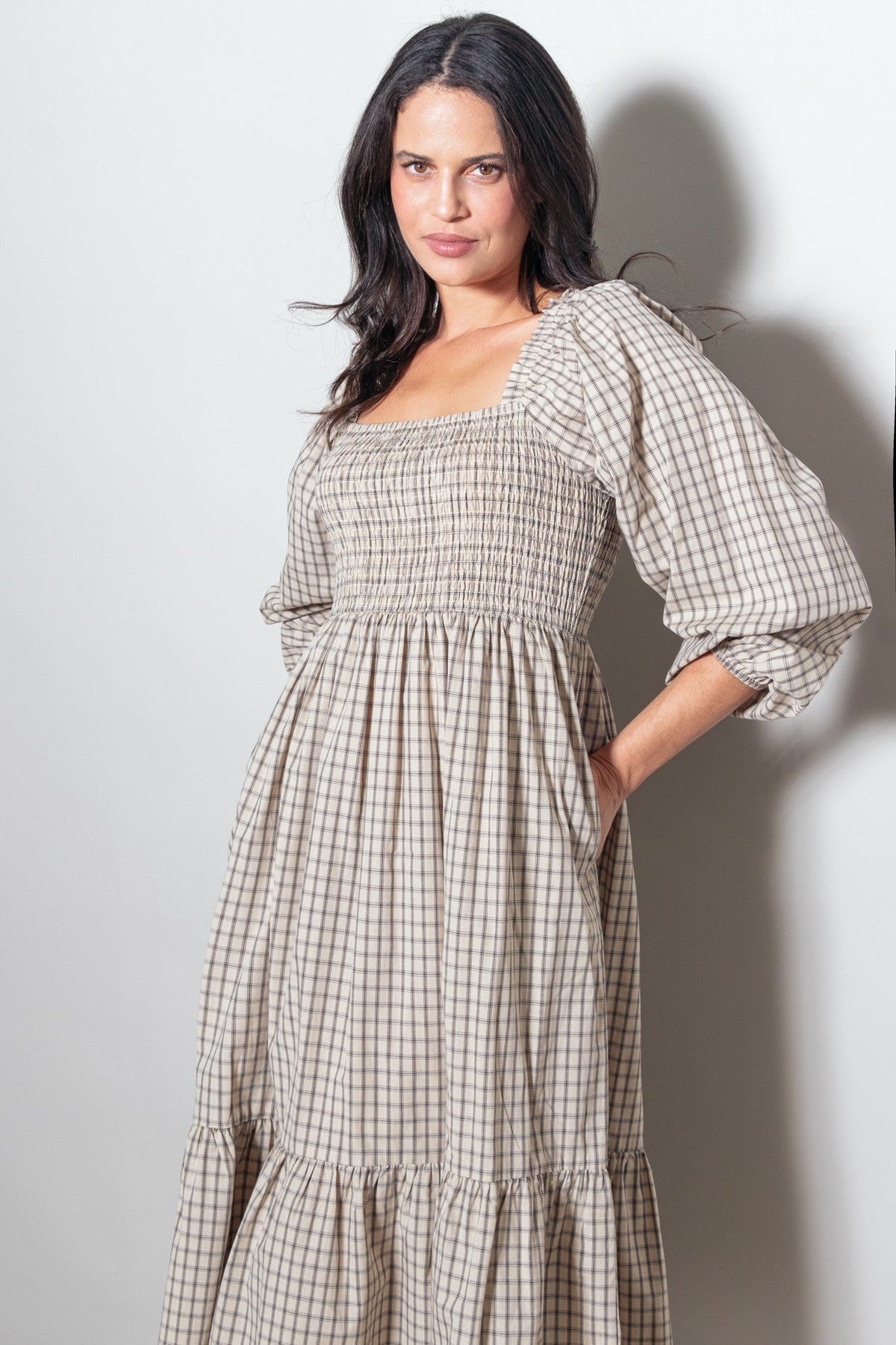 Beige Plaid Smocked Puff Sleeve Maternity Midi Dress