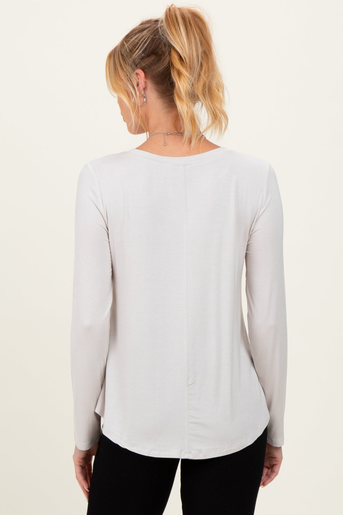 Beige Flowy Round Hem Maternity Long Sleeve Top