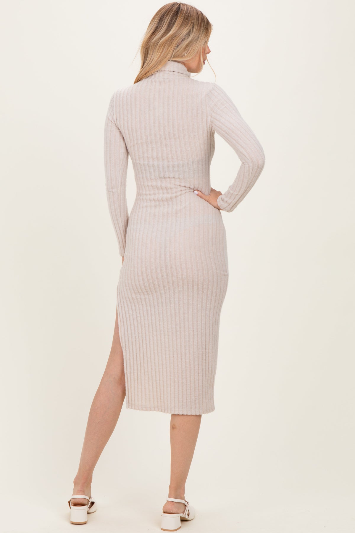 Beige Ribbed Knit Turtleneck Side Slit Dress