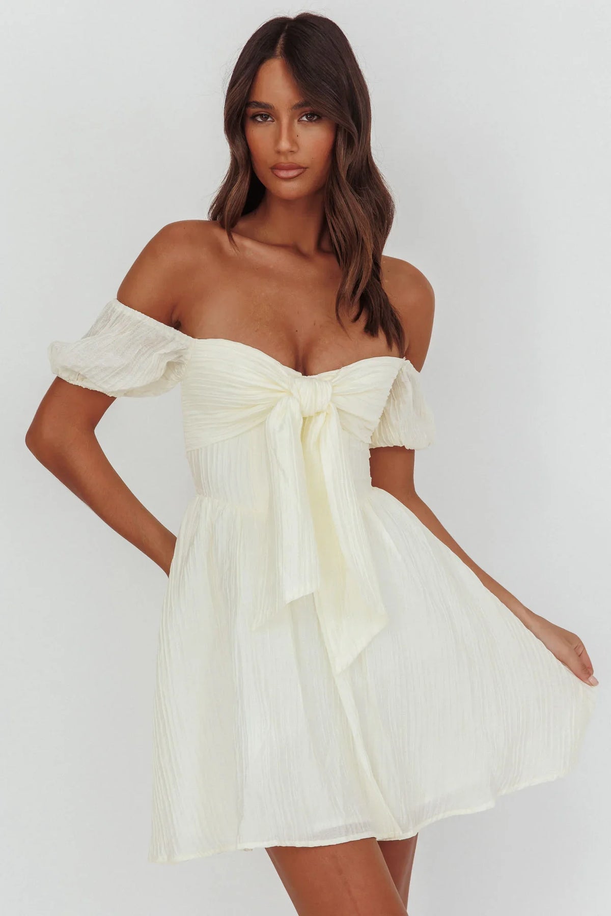 Perfect Worlds Off-Shoulder Mini Dress Textured Ivory