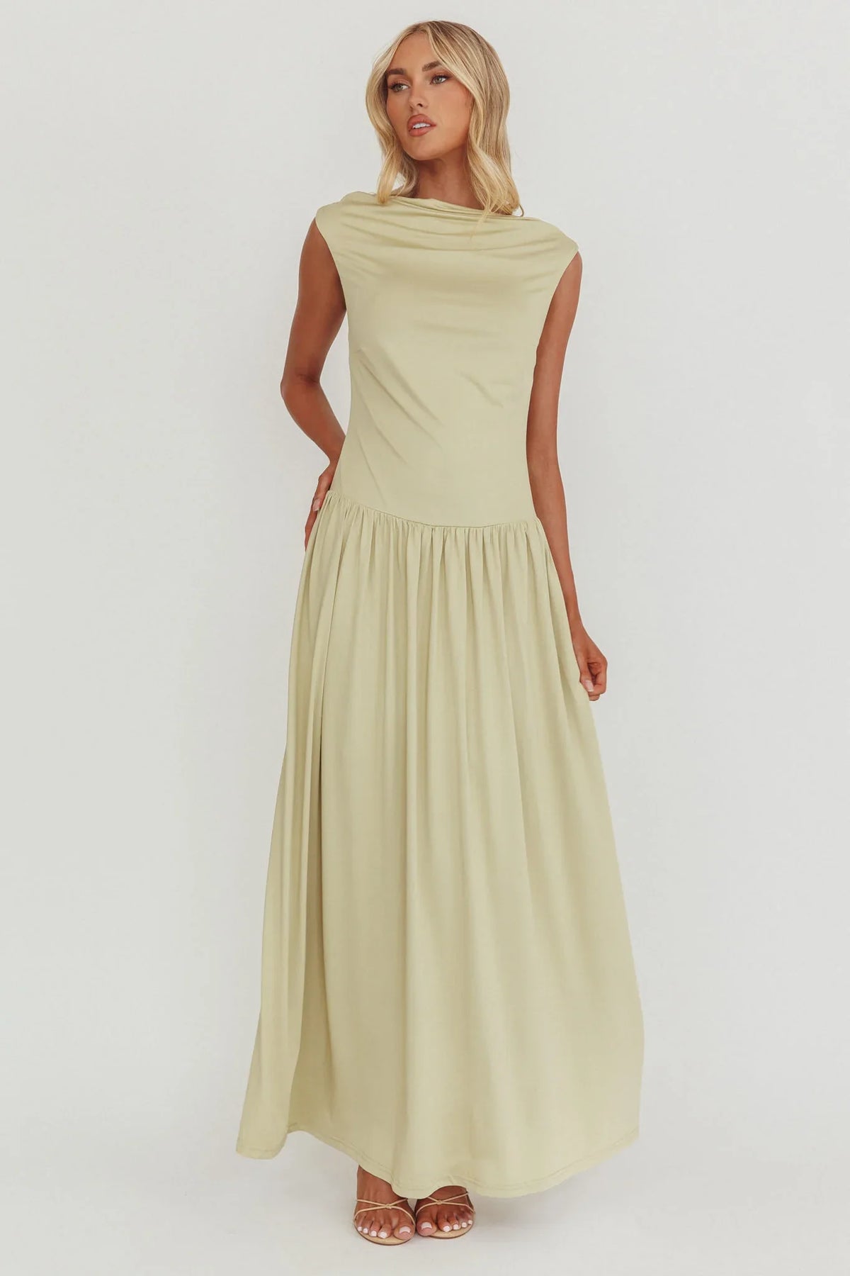 Dorothea High Cowl Open Back Maxi Dress Sage