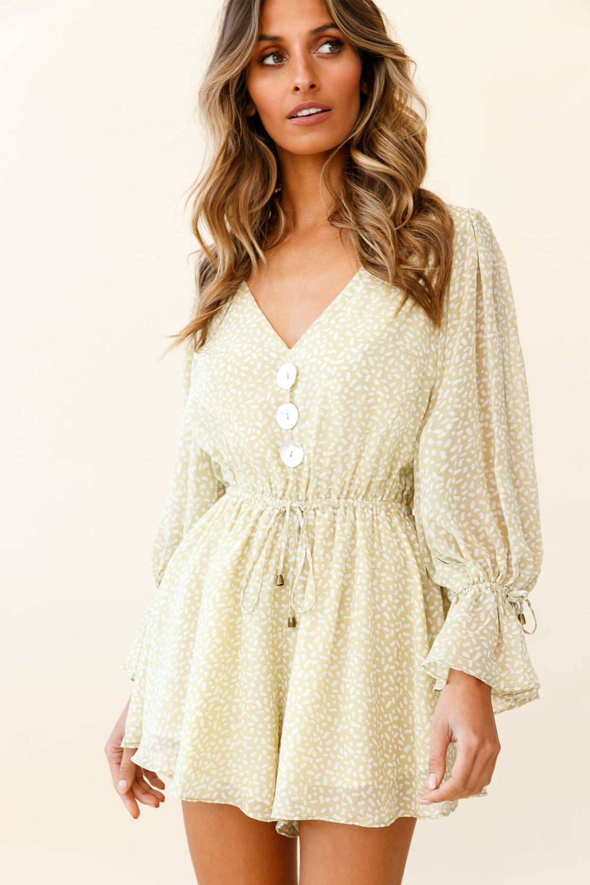Believe It Or Not Long Sleeve Drawstring Romper Sprinkle Print Green