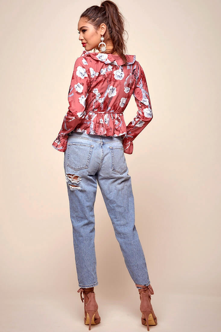 Bellamy Ruffled Bell Sleeve Floral Top Red