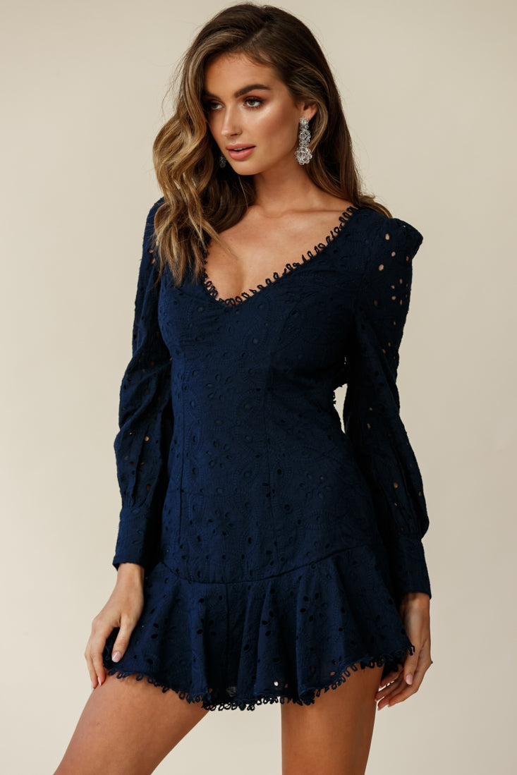 Camellia Open Back Cuff Sleeve Dress Anglaise Navy