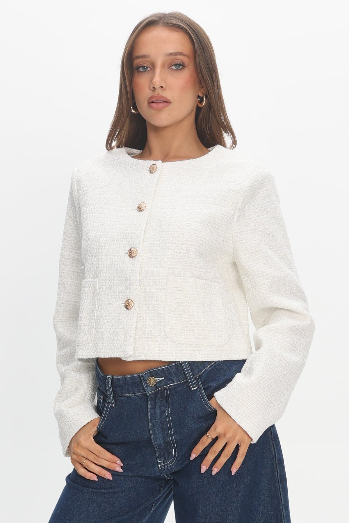 Beverly Hills Cropped Jacket Tweed White
