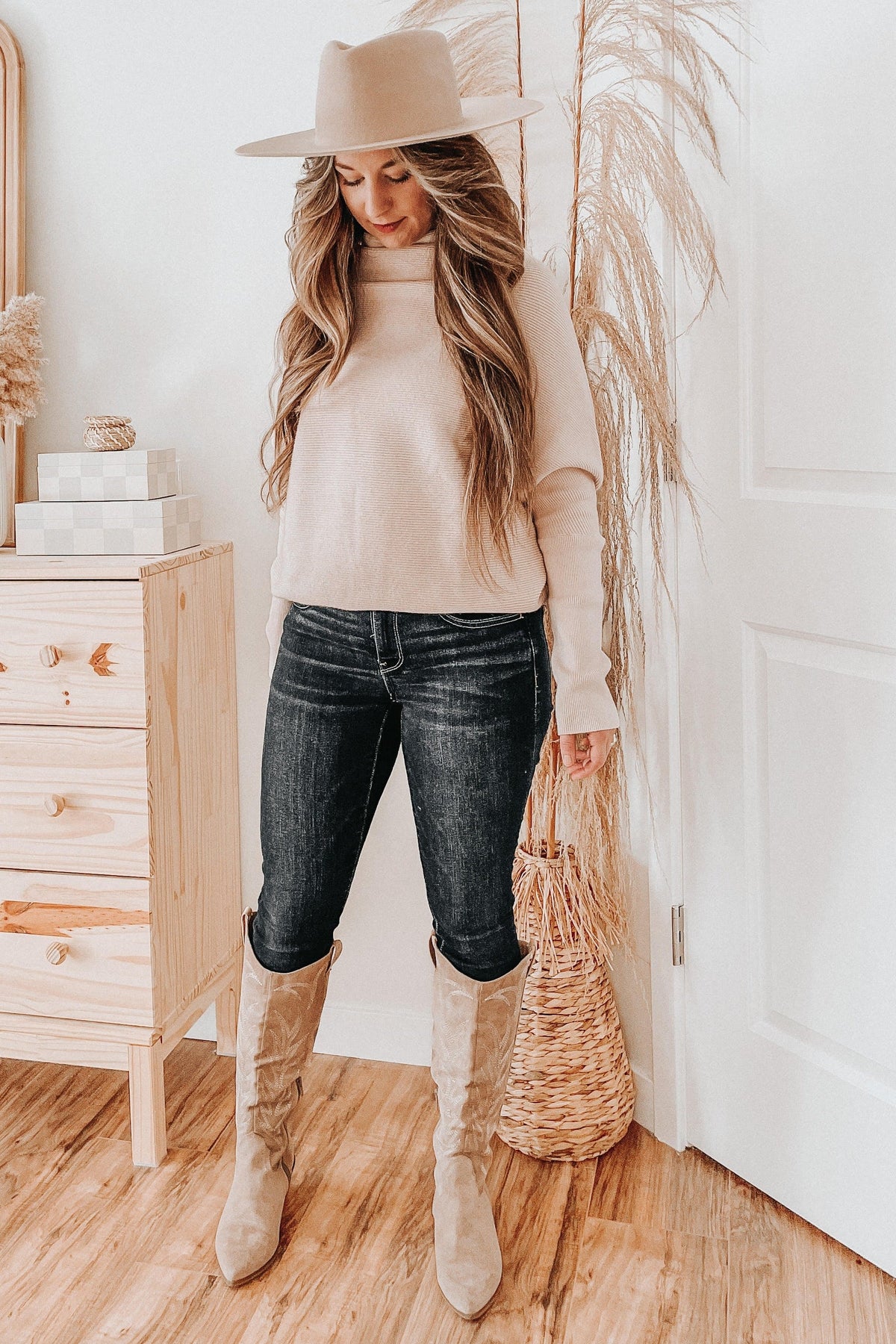Beige Funnel Neck Dolman Sleeve Sweater