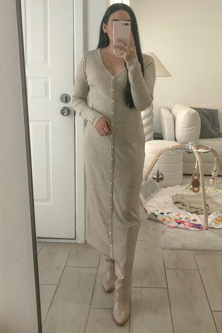 Beige Ribbed Button Front Midi Cardigan Dress