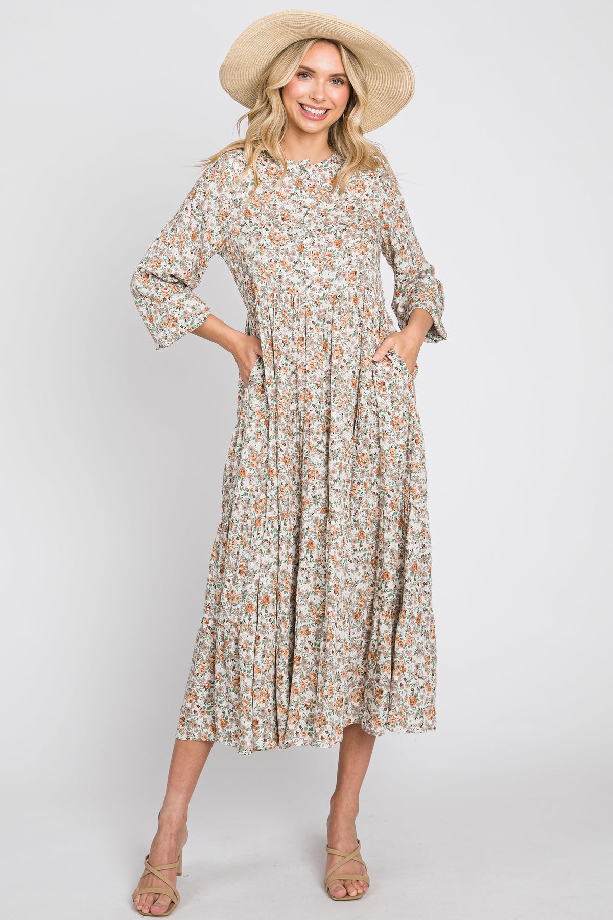 Beige Floral Button Front Long Sleeve Tiered Maternity Midi Dress