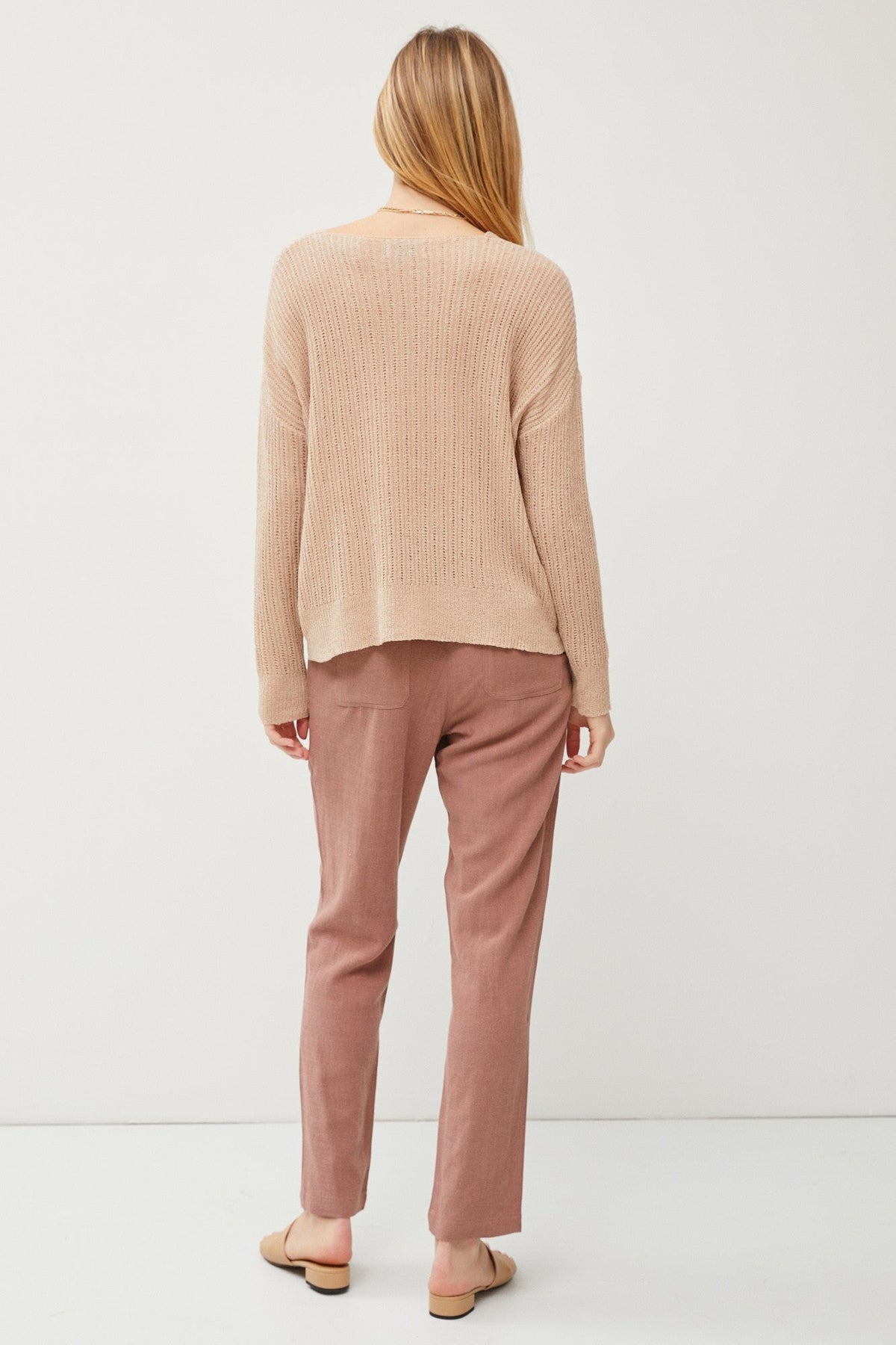 Beige Knit V-Neck Long Sleeve Top