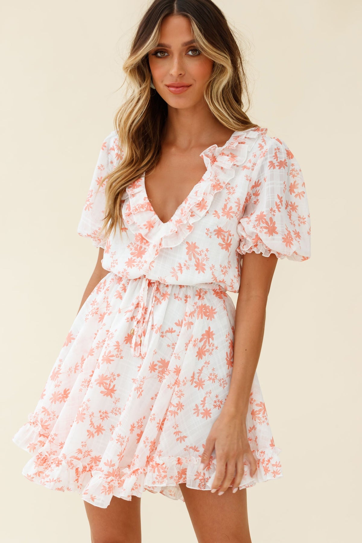 Brianna Puff Sleeve Drawstring Waist Dress Floral Print Pink