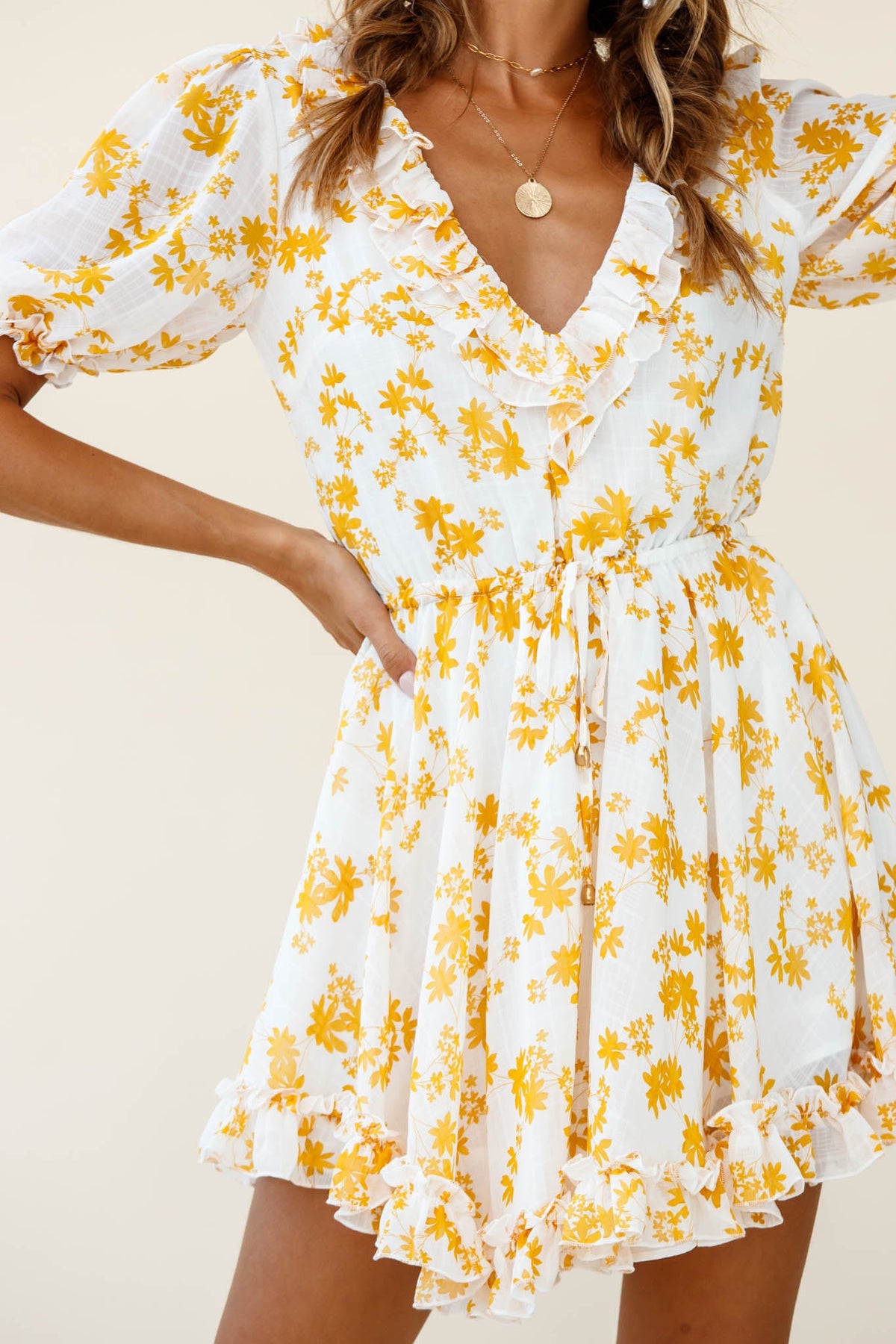 Brianna Puff Sleeve Drawstring Waist Dress Floral Print Yellow