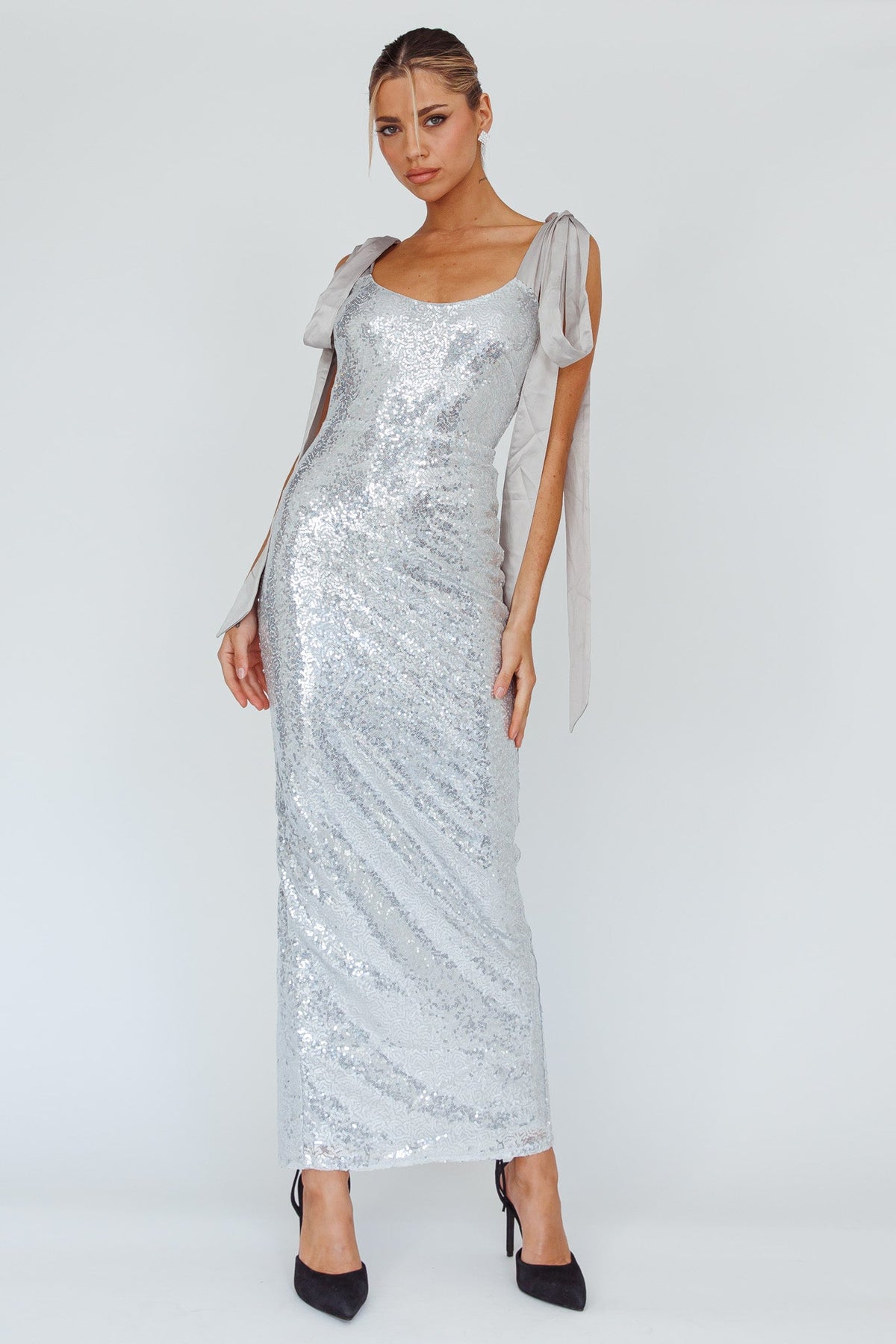 Birthday Wish Tied Shoulder Sequin Maxi Dress Silver