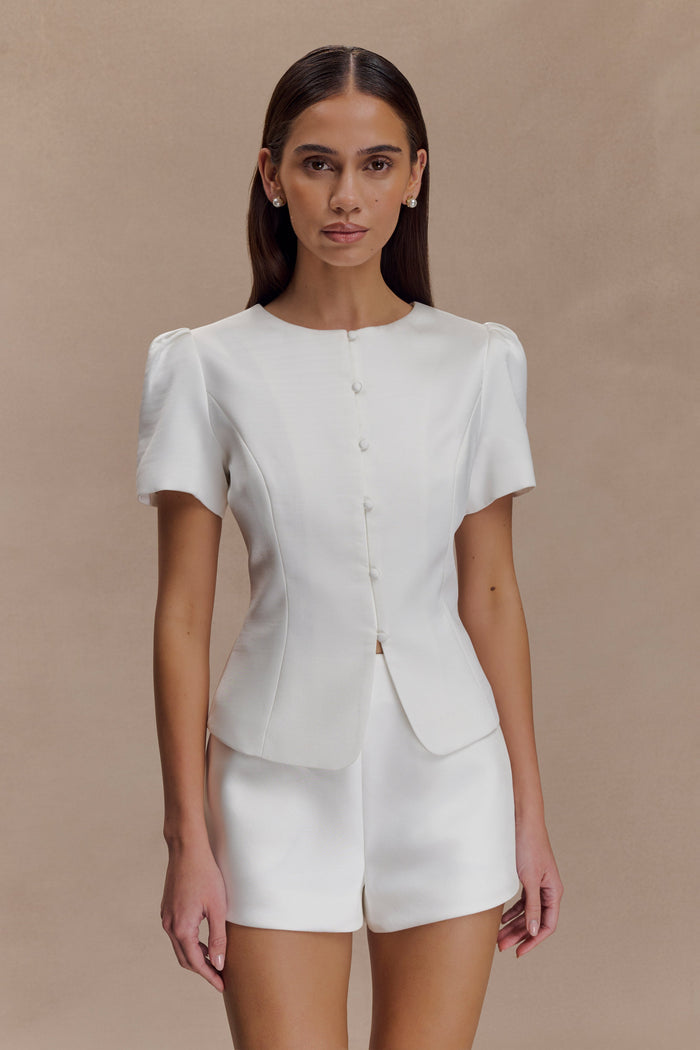 Anne Short Sleeve Satin Top - White