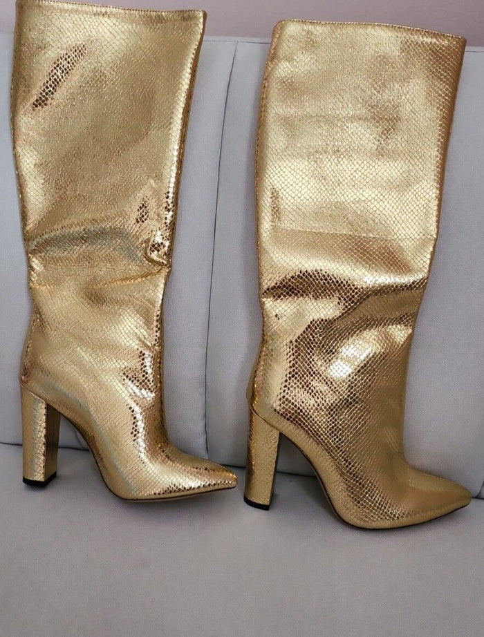 Clearance - Gold Metallic Knee Length High Heel Boots