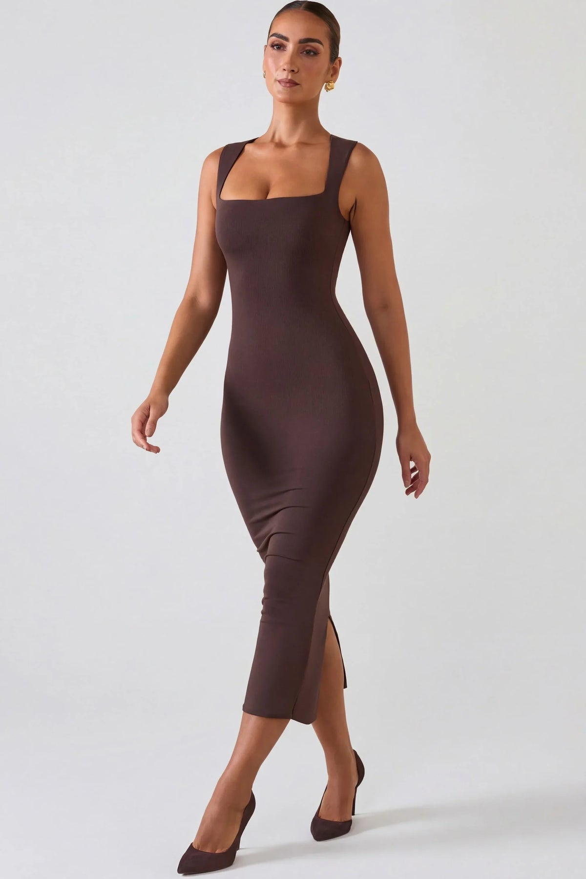 Square Neck Midi Dress in Chocolate Brown