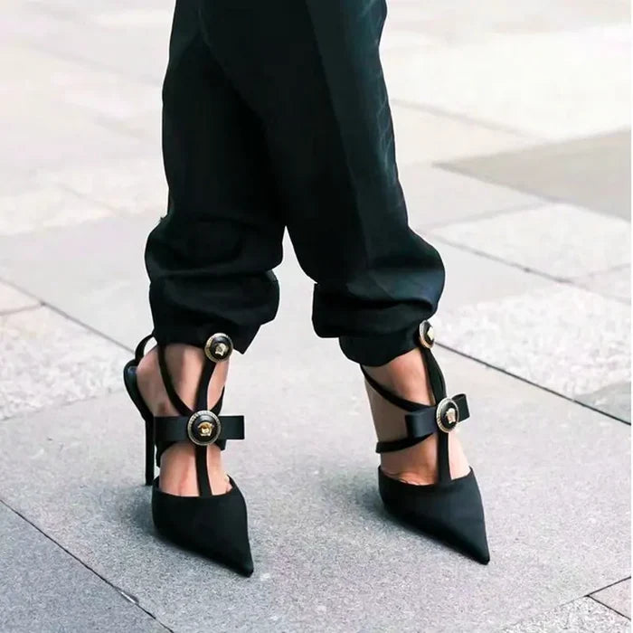 Gold Pendent Detail Ankle Strap High Heel Pumps