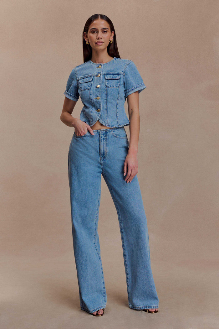 Marge Fitted Denim Short Sleeve Top - Classic Blue
