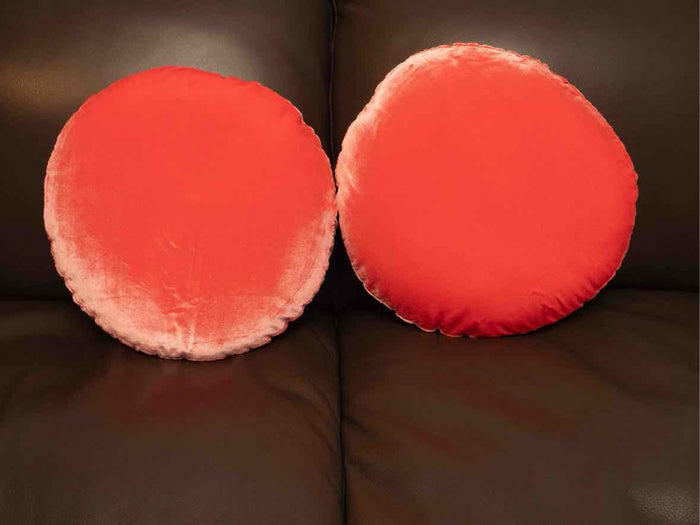 Pair Of Custom Round Vibrant Tangerine Pink Velvet Accent Pillows