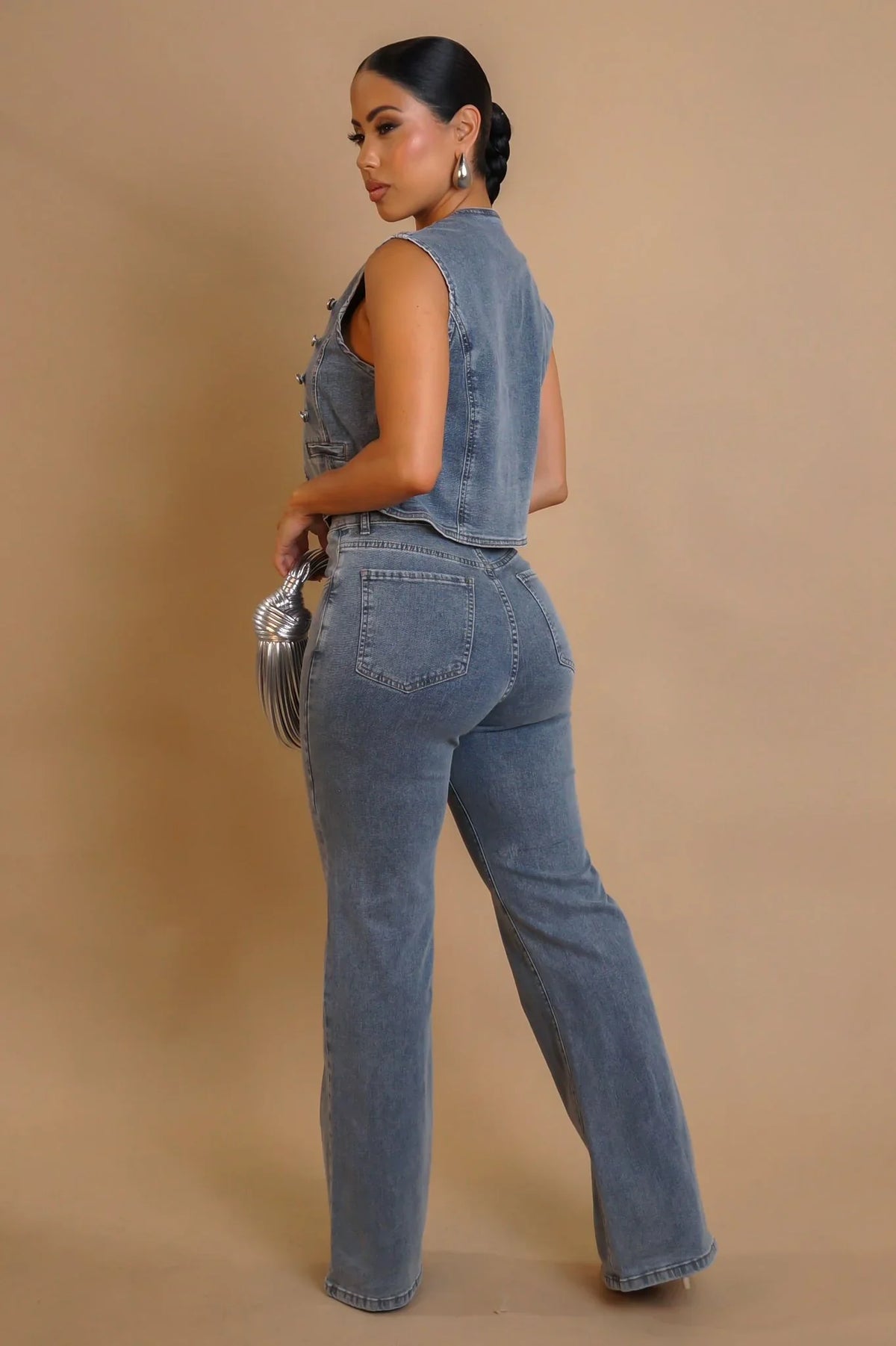 Power Play Denim Pant Set with Structured Vest and High-Waist Pants