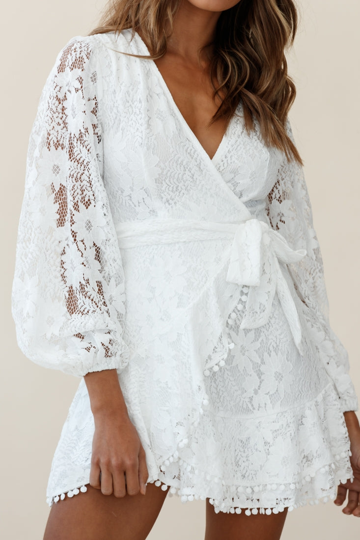 Cami Balloon Sleeve Faux Wrap Dress Lace White