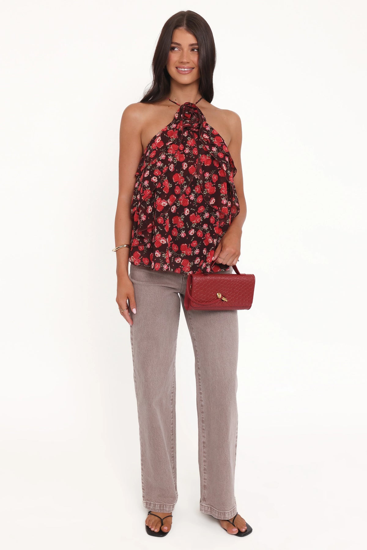 Zorina Halter Neck Chiffon Top - Brown Floral