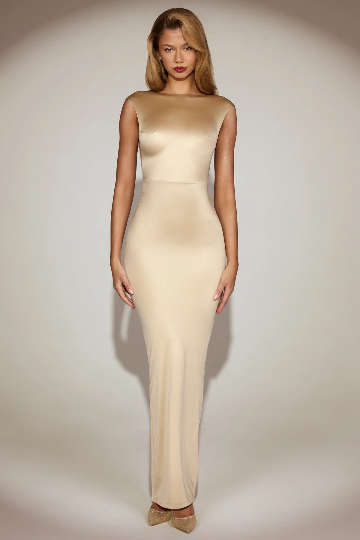 Satin Boat-Neck Twist-Back Maxi Dress in Champagne