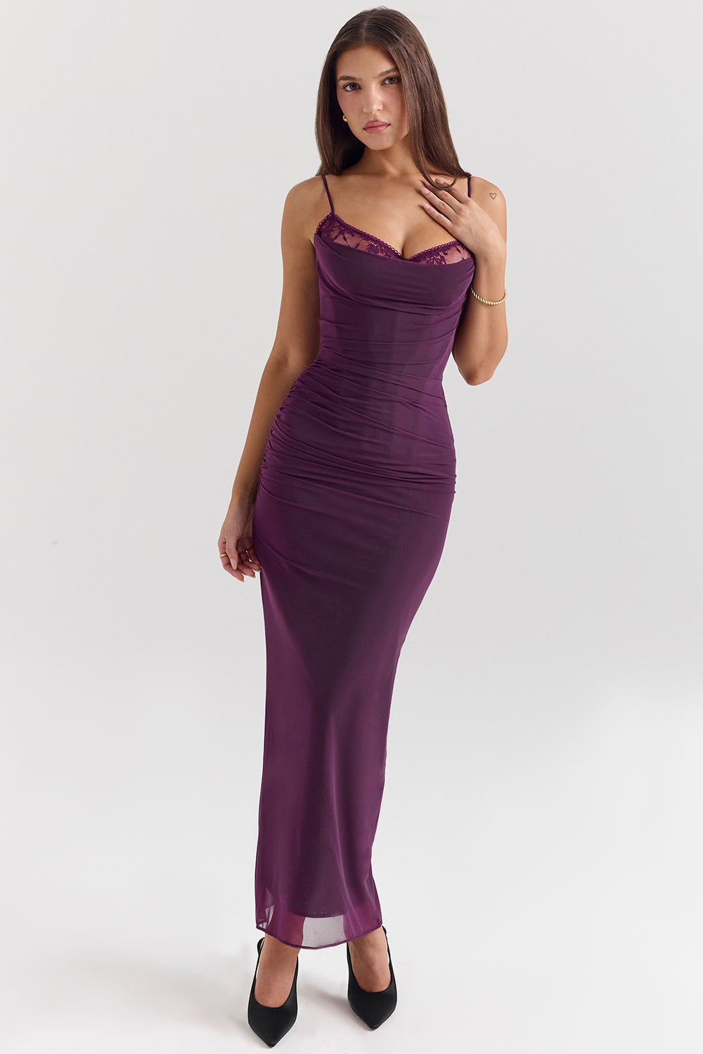 grape mesh corset maxi dress