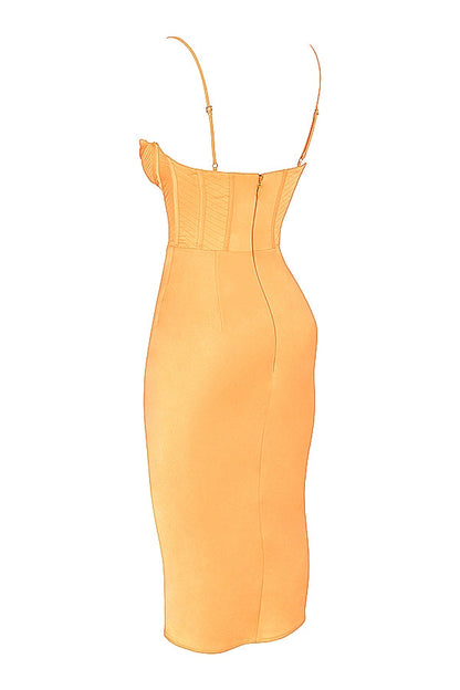 tangerine satin corset midi dress