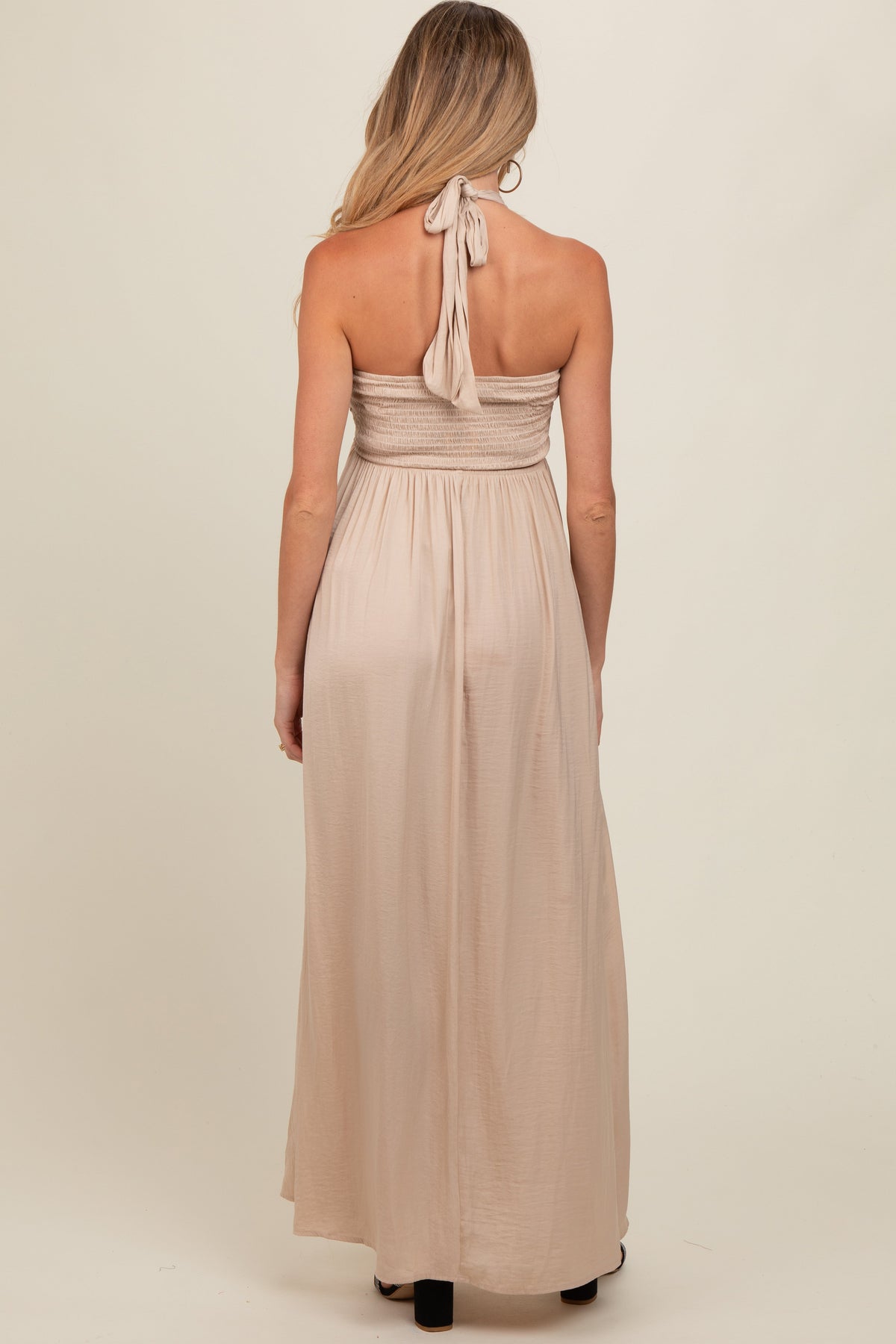 Beige Halter Cutout Maternity Maxi Dress