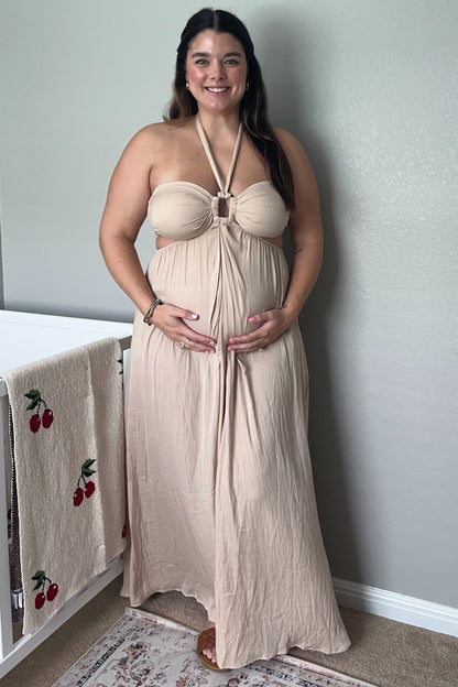 Beige Halter Cutout Maternity Maxi Dress