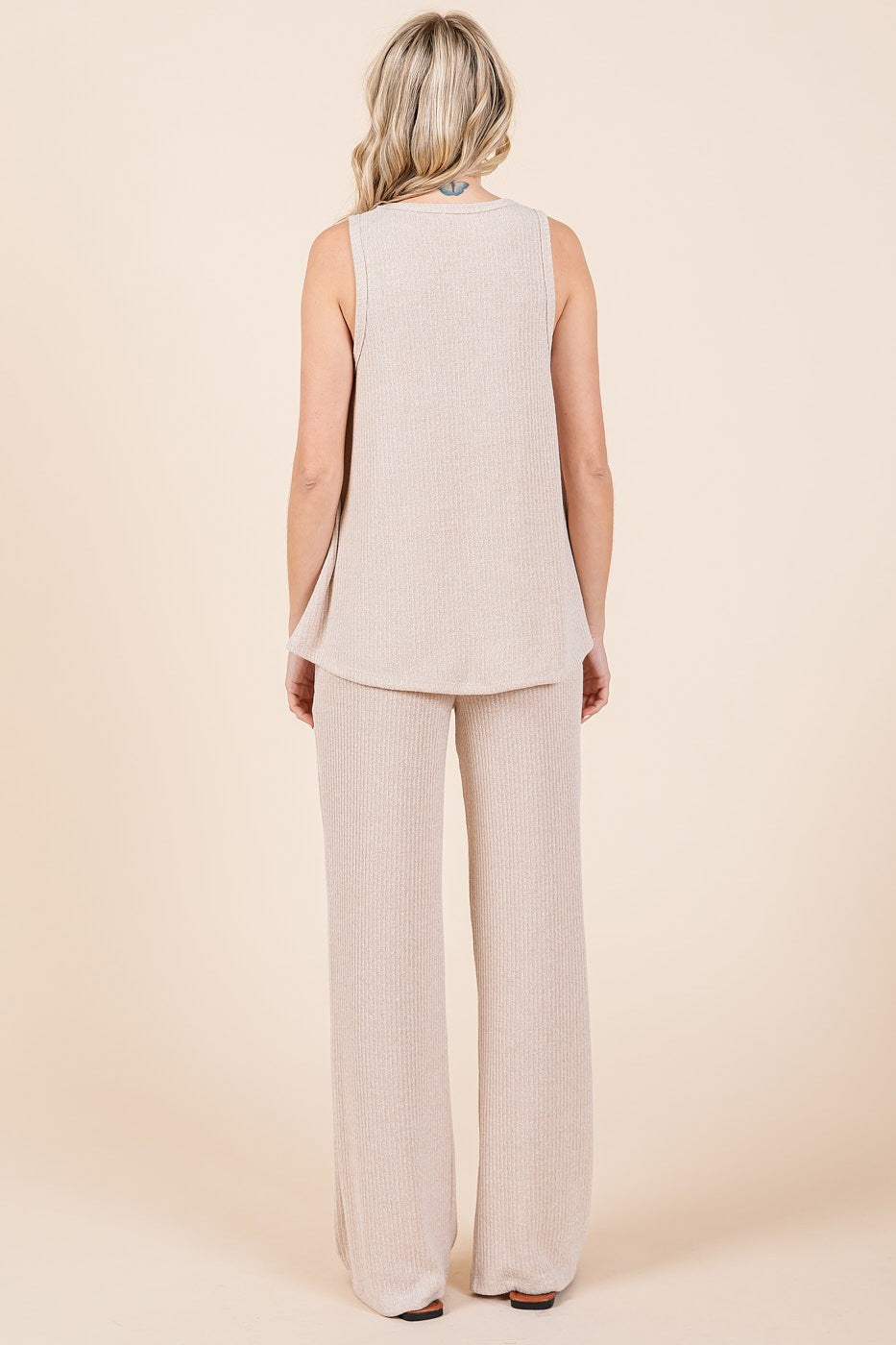 Beige Rib Knit Tank and Pant Set