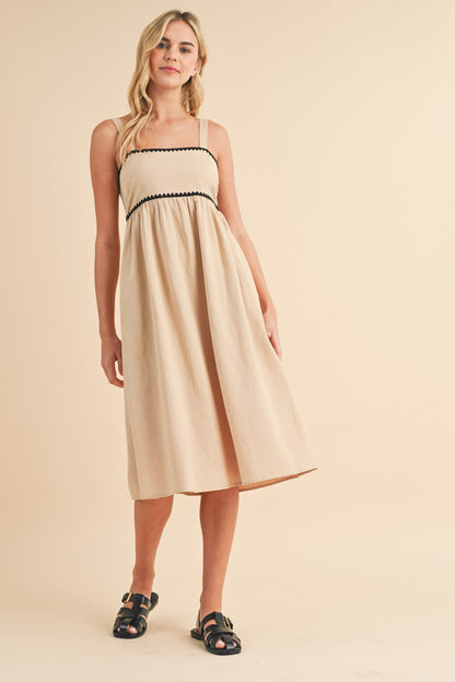 Beige Contrast Trim Midi Dress