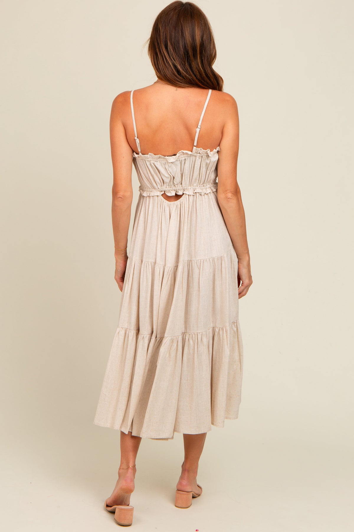 Beige Front Tie Cutout Tiered Midi Dress