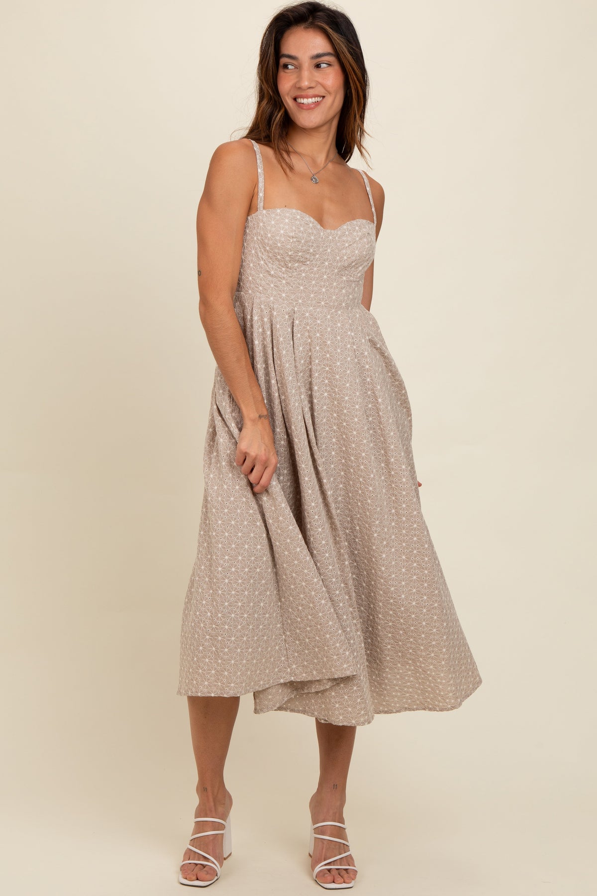 Beige Floral Embroidered Maxi Dress