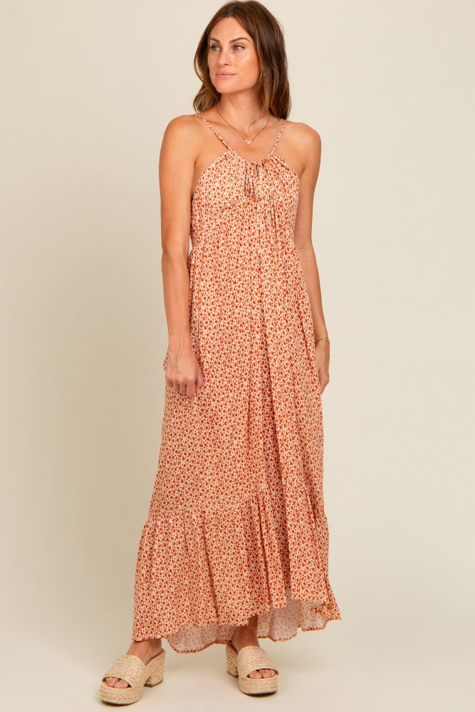 Beige Floral Tie Front Maternity Maxi Dress