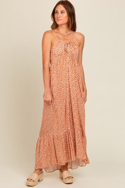 Beige Floral Tie Front Maxi Dress