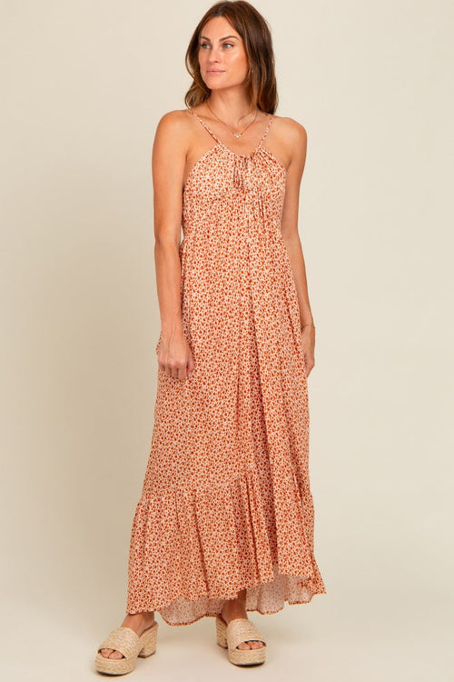 Beige Floral Tie Front Maxi Dress