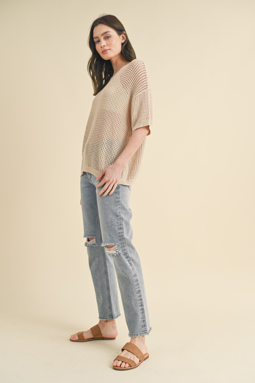 Beige Open Knit Sweater Top