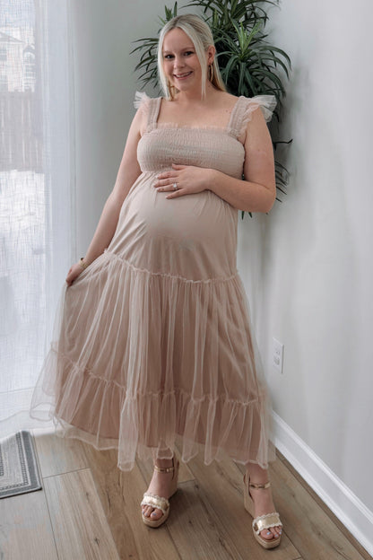 Beige Mesh Overlay Smocked Maternity Midi Dress
