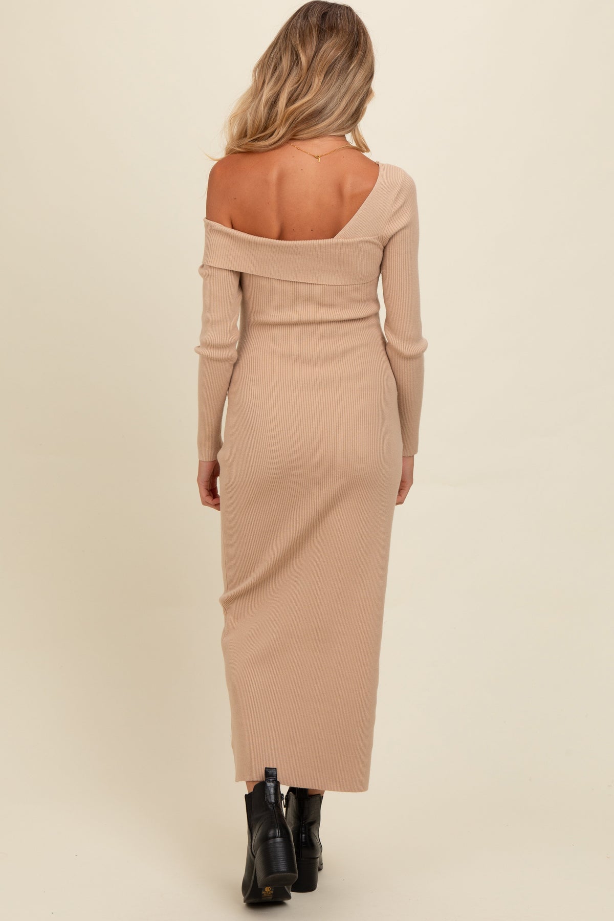 Beige Foldover One Shoulder Maternity Maxi Sweater Dress