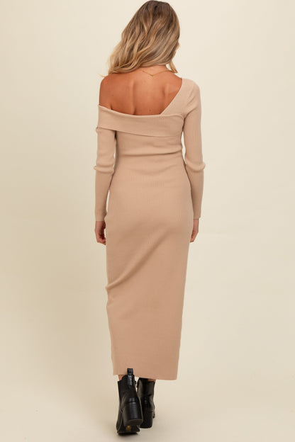 Beige Foldover One Shoulder Maternity Maxi Sweater Dress